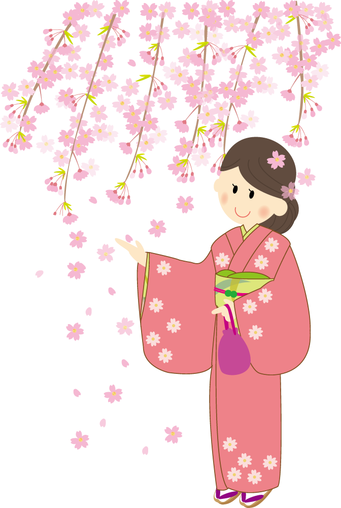 花見をする和風の背景に着物姿の可愛い女の子(少女)桜無料イラストに写真・文字を入れる