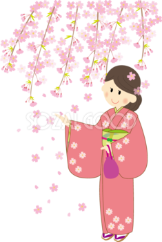 花見をする和風の背景に着物姿の可愛い女の子(少女)桜無料イラスト