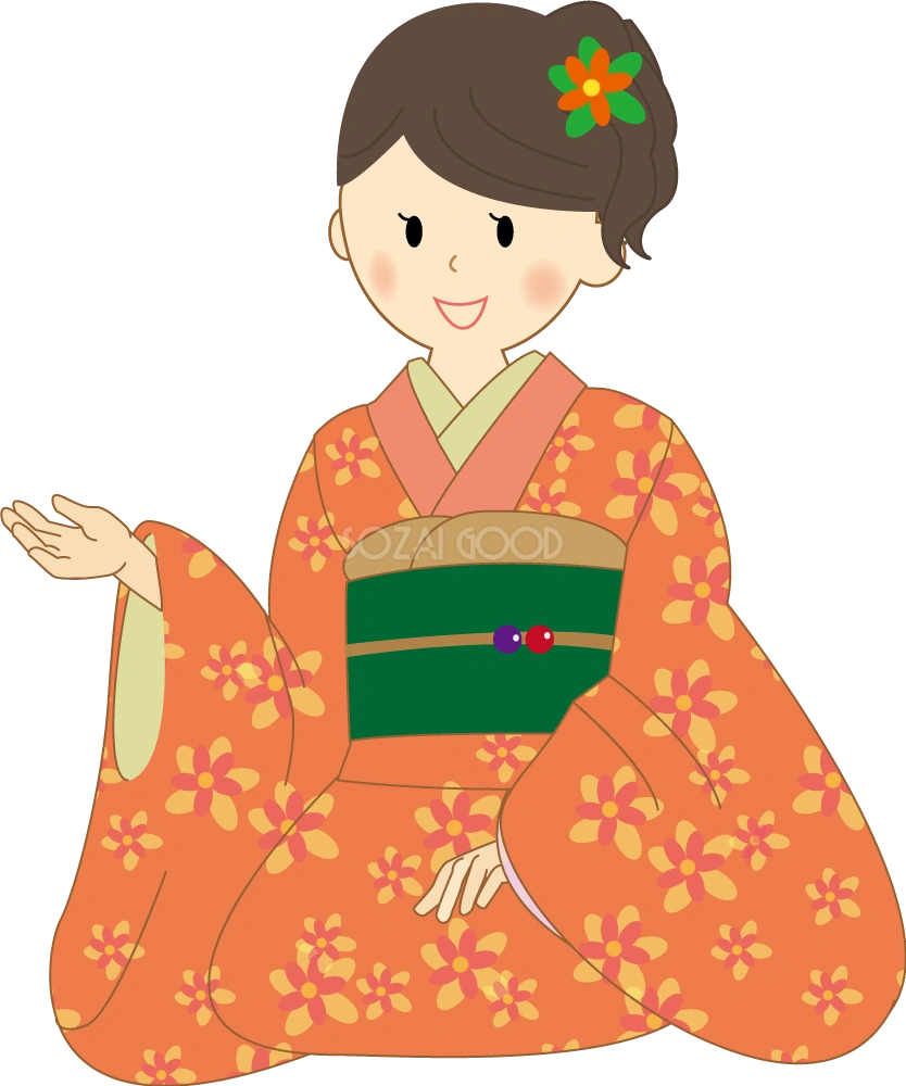 着物姿 ご案内する女の子(少女) 無料イラスト