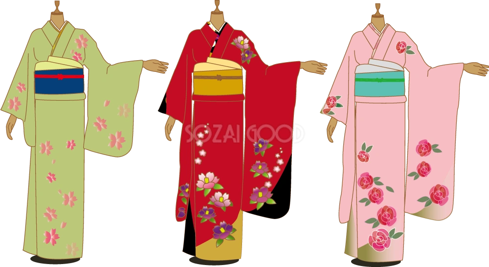 MEIBIS【着物の模様デザイン3】商用著作権フリー 3つのマネキンに3種類の着物 無料イラスト | 素材Good