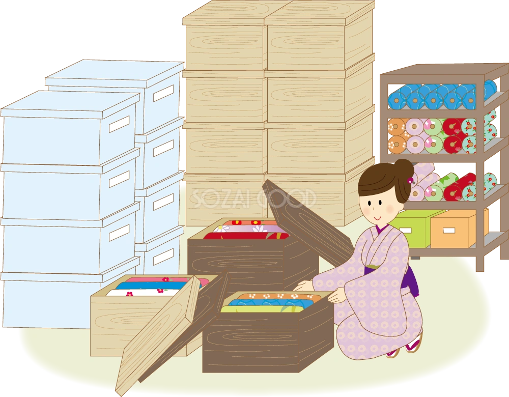 着物倉庫で着物を整理する着物姿の女性店員 無料イラスト