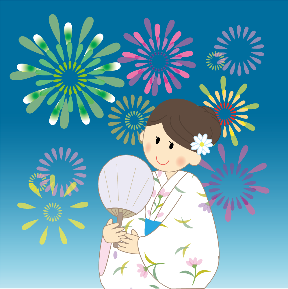うちわを持ち浴衣で花火大会で夜空を眺める女性の無料イラスト19058に写真・文字を入れる