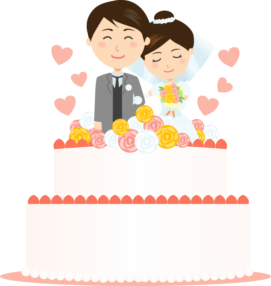 ウェディングケーキの上でラブラブ新郎新婦に写真・文字を入れる