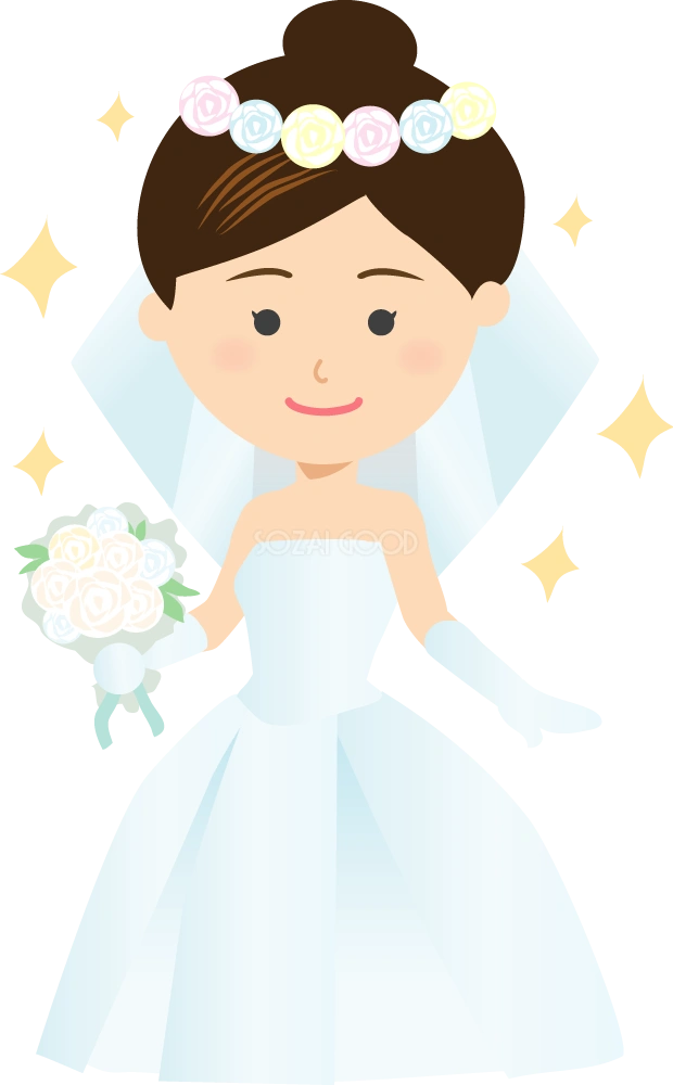 結婚式で花嫁がキラキラ輝くドレス姿 無料イラスト