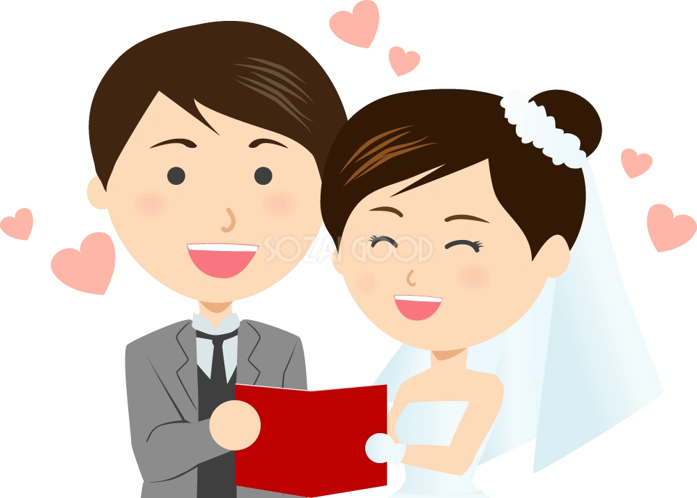 結婚写真を持つ幸せそうな新郎新婦  無料イラスト