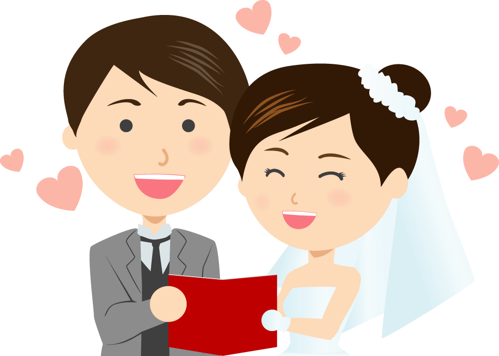 結婚写真を持つ幸せそうな新郎新婦  無料イラストに写真・文字を入れる