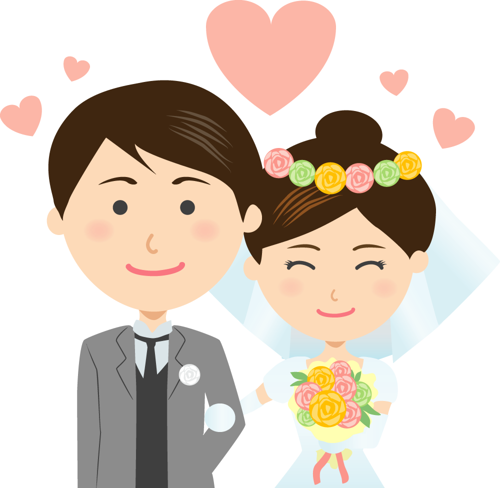 新郎新婦が笑顔でブーケを持つ  無料イラストに写真・文字を入れる