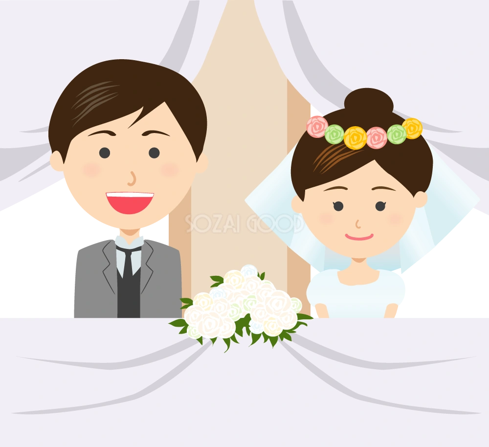 披露宴でドレス姿の新郎新婦  無料イラスト
