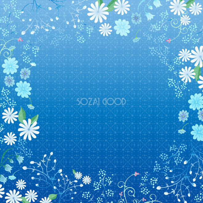 上品な花模様 フレーム素材 飾り枠無料背景 青 ブルー イラスト20351 素材good