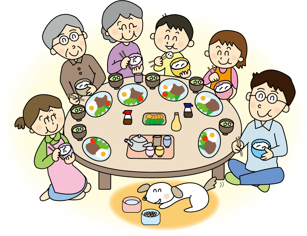 食卓を囲む６人家族 無料イラストに写真・文字を入れる