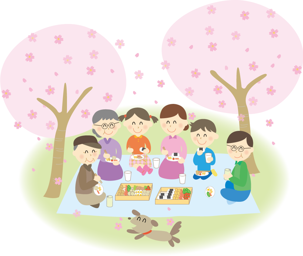 桜を花見宴会をする６人家族 無料イラストに写真・文字を入れる
