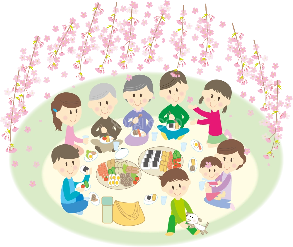 桜を花見をしながら宴会をする９人家族 無料イラスト