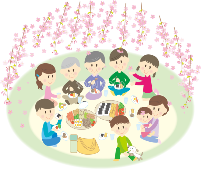 桜を花見をしながら宴会をする９人家族 無料イラスト 素材good