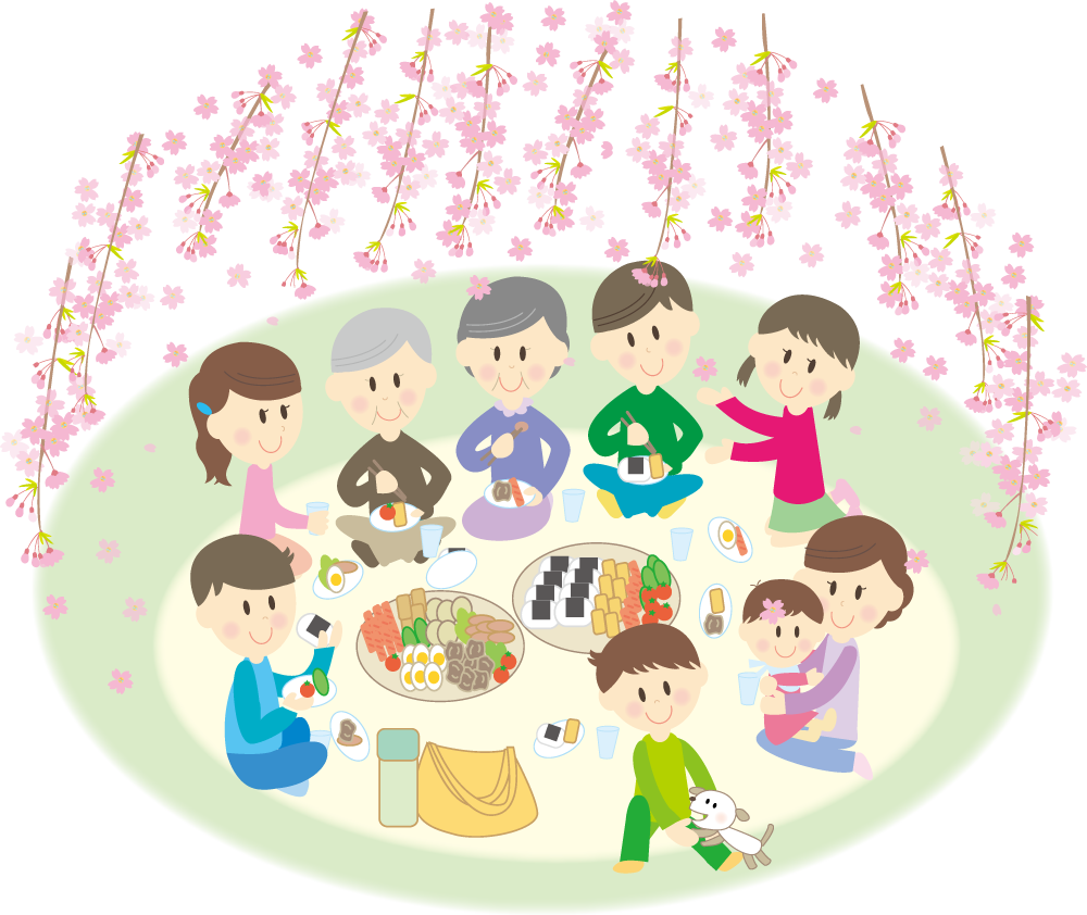 桜を花見をしながら宴会をする９人家族 無料イラストに写真・文字を入れる