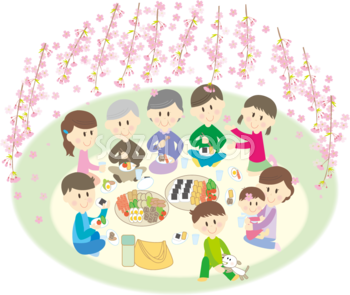 桜を花見をしながら宴会をする９人家族 無料イラスト