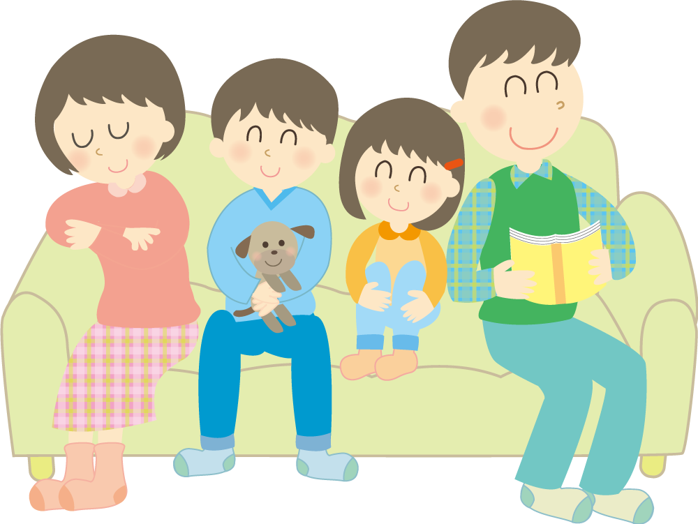 4人家族でソファ 無料イラストに写真・文字を入れる