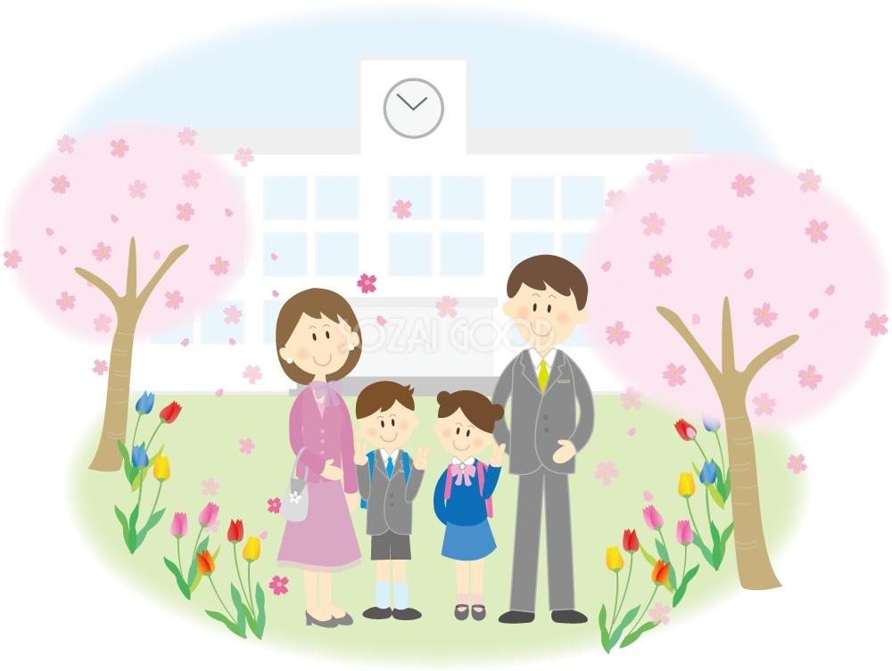 校舎の前で入学式 無料イラスト