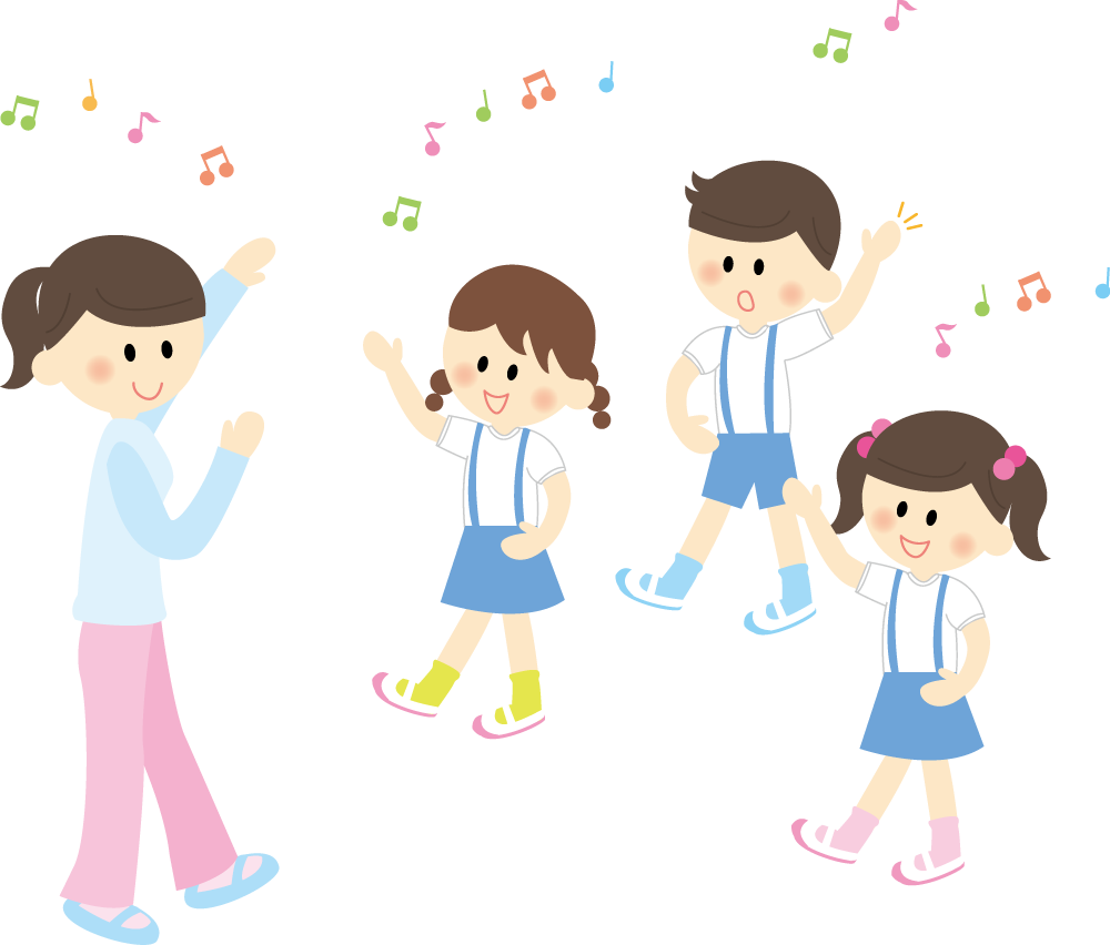 子供に先生がお遊戯を教える 無料イラストに写真・文字を入れる