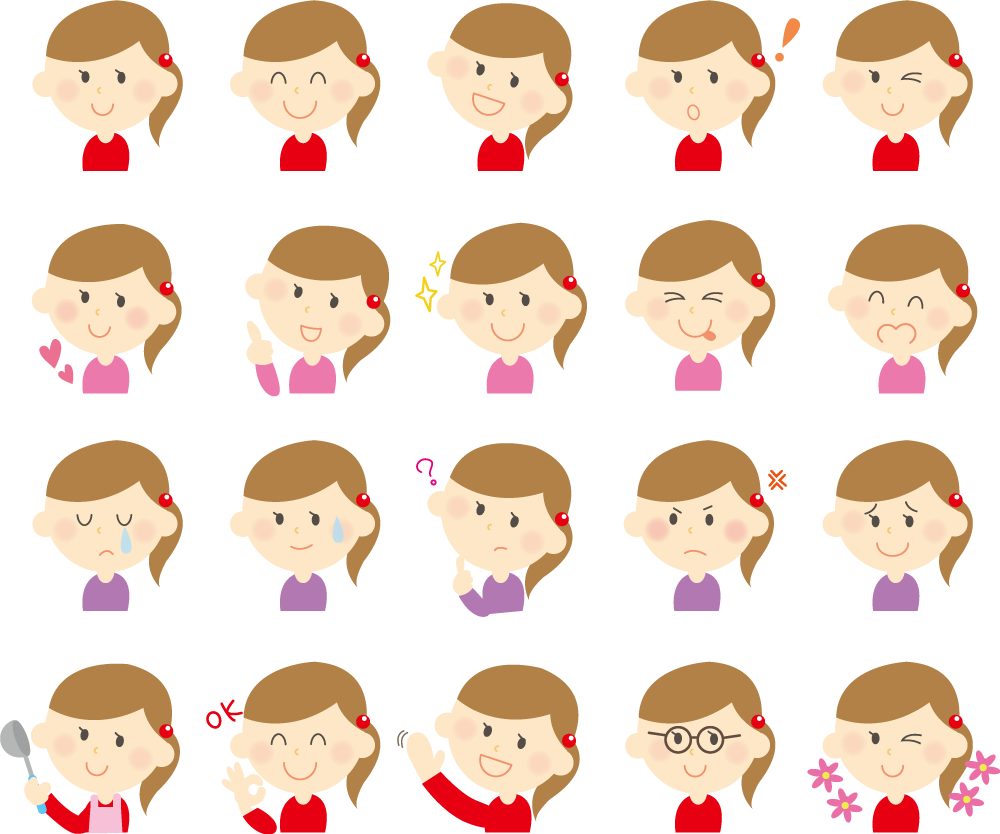 かわいい女性の表情・ポーズイラスト20種類セット｜笑顔・泣く・怒る【無料素材】23390に写真・文字を入れる
