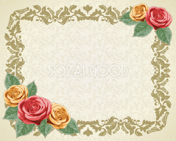 エレガントな薔薇とダマスク柄 無料フレーム素材 枠 飾り 167