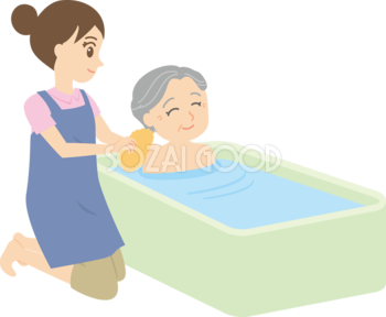 女性介護士 おばあちゃん お風呂 入浴の介助編 無料イラスト