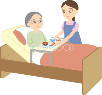 女性介護士 おばあちゃんベットで食事編 無料イラスト