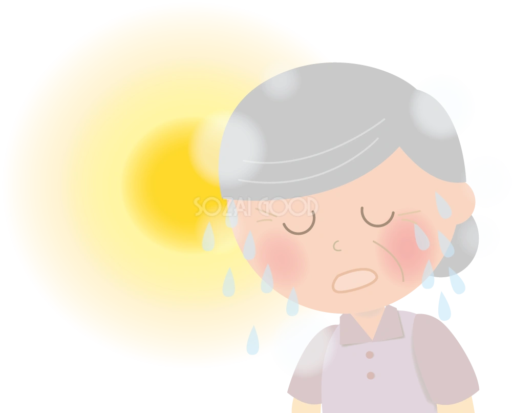 高齢者女性の汗が流れ出す熱中症注意！可愛い無料イラスト