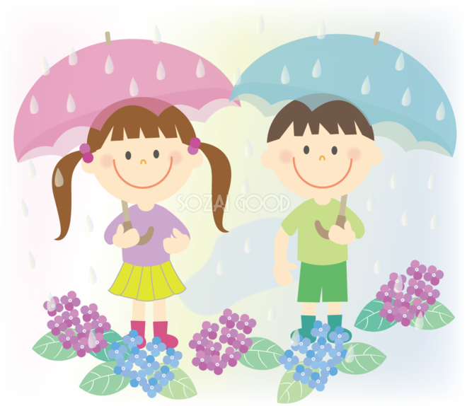 梅雨 雨の中傘をさす男の子と女の子無料イラスト 素材good