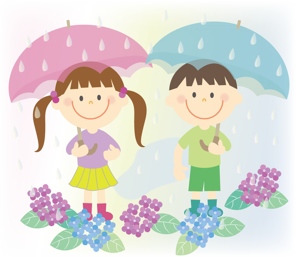 梅雨 雨の中傘をさす男の子と女の子無料イラストに写真・文字を入れる