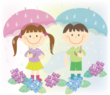 梅雨 雨の中傘をさす男の子と女の子無料イラスト