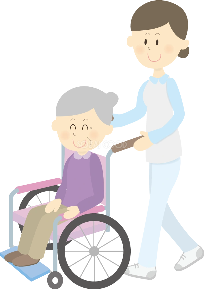 介護士女性が車いすの老人女性を押すイラスト