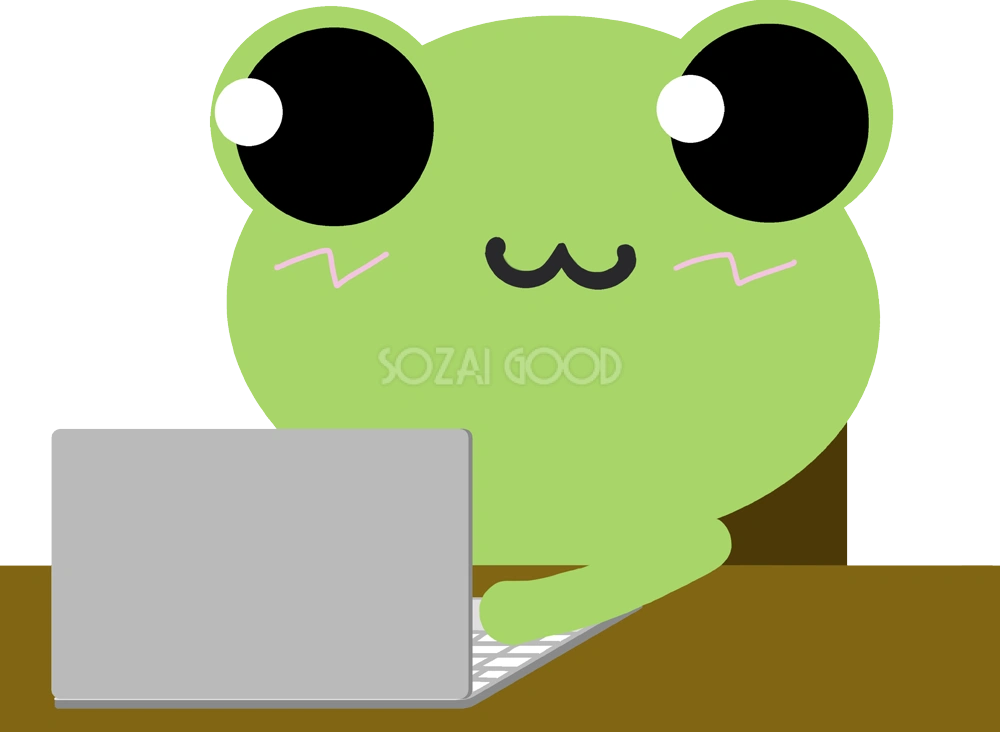 カエル イラスト【机でネット検索編】 無料イラスト
