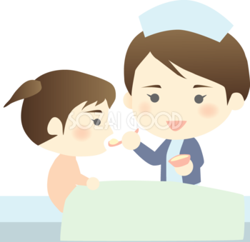 看護師（看護婦）が女の子に離乳食を食べさせる 医療 無料イラスト