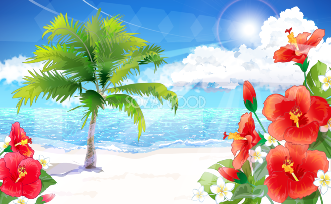 砂浜に引き立つハイビスカス ヤシの木 海のおしゃれフリー無料背景イラスト 素材good