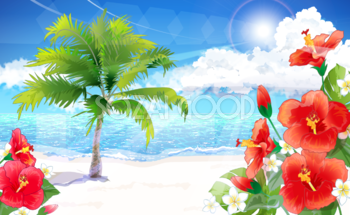 砂浜に引き立つハイビスカス・ヤシの木 海のおしゃれフリー無料背景イラスト26647