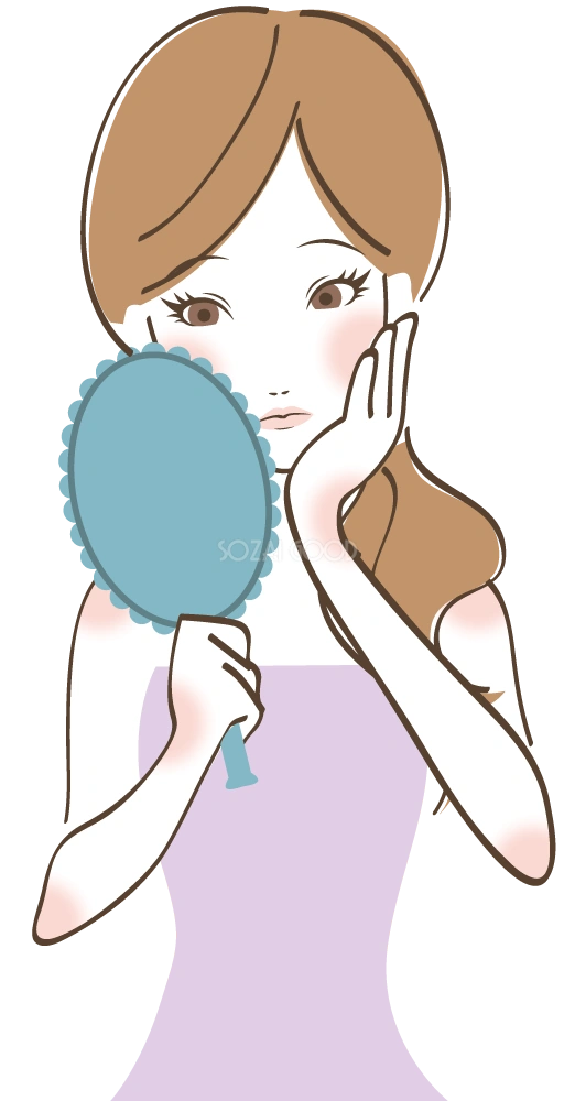 鏡を見ながら肌チェック 美容 女性無料イラスト