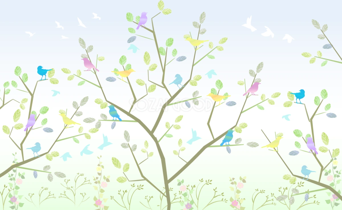 植物と鳥の綺麗な無料背景イラスト28055