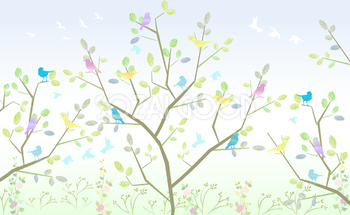 植物と鳥の綺麗な無料背景イラスト28055