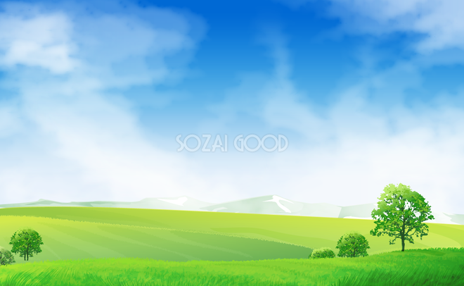 綺麗な空と広い緑の丘と山の無料背景イラスト294 素材good