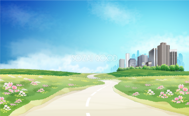 綺麗な空と草原を突き抜ける道 無料背景イラスト 素材good