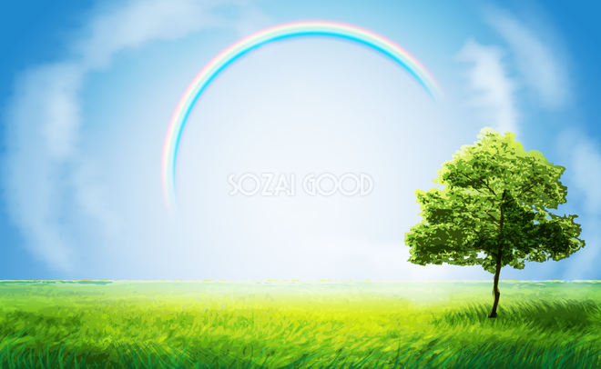 草原と１本の木のおしゃれ綺麗な青空と虹の無料背景イラスト 素材good