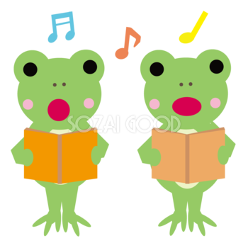楽譜を持って合唱する２匹のかわいいカエル＿無料イラスト