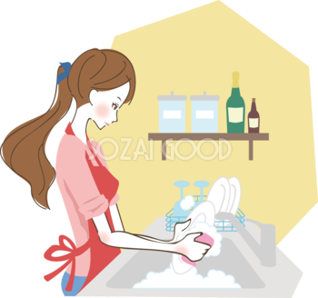 キッチンで食器を洗う主婦 女性無料イラスト