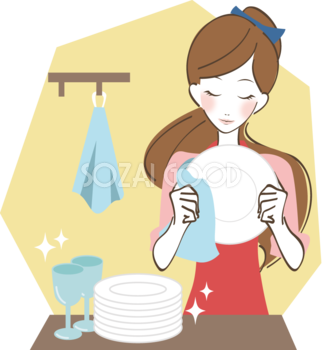 キッチンで食器を拭く主婦 女性無料イラスト