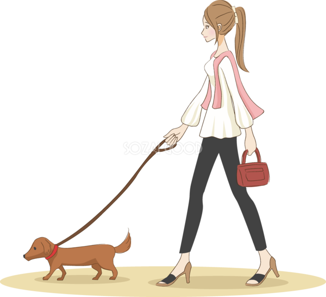 犬とおでかけ散歩をするオシャレ女性 無料イラスト 素材good