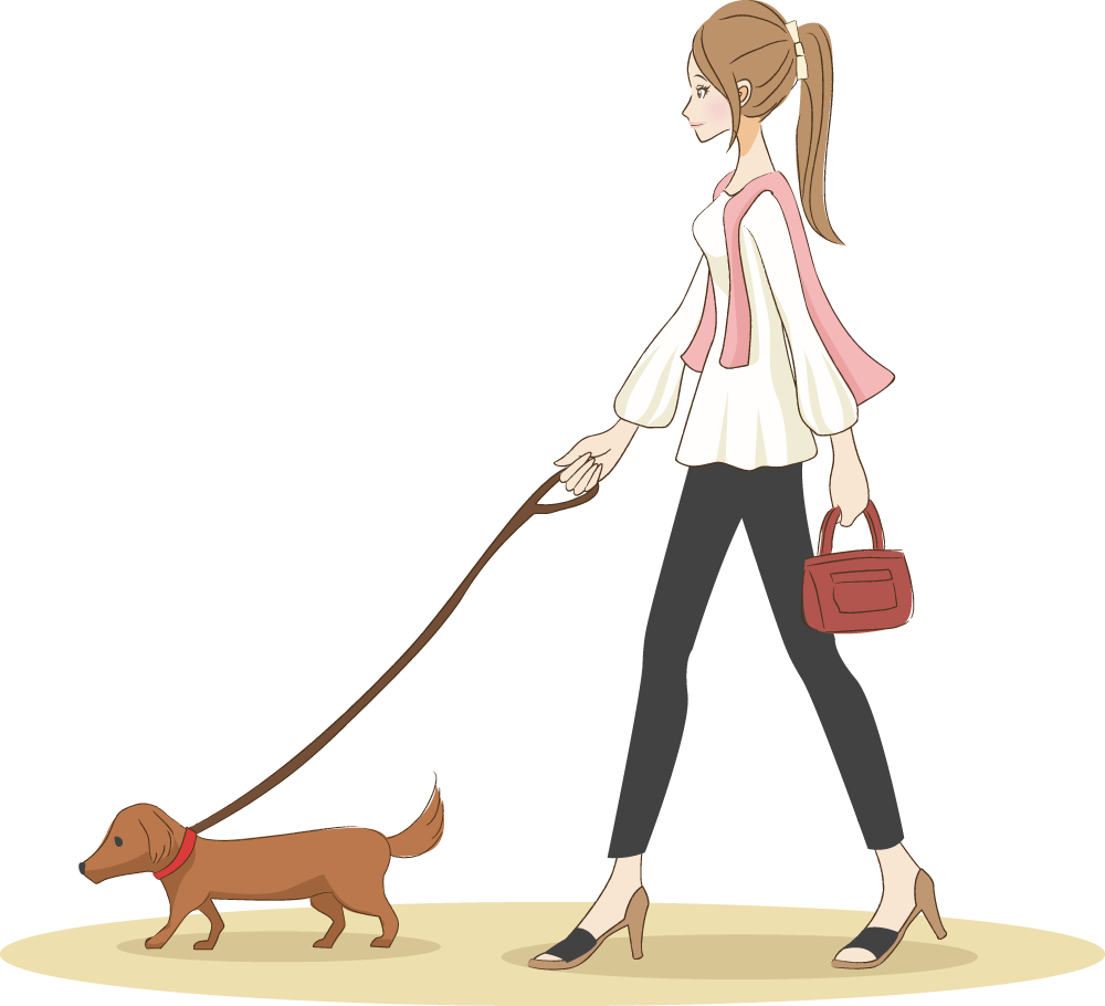 犬とおでかけ散歩をするオシャレ女性 無料イラストに写真・文字を入れる