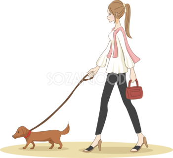 犬とおでかけ散歩をするオシャレ女性 無料イラスト