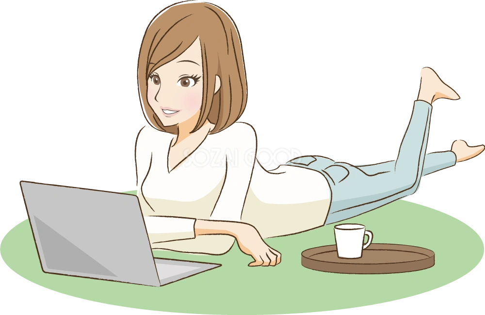 まったりパソコンでネットを見る女性 無料イラスト