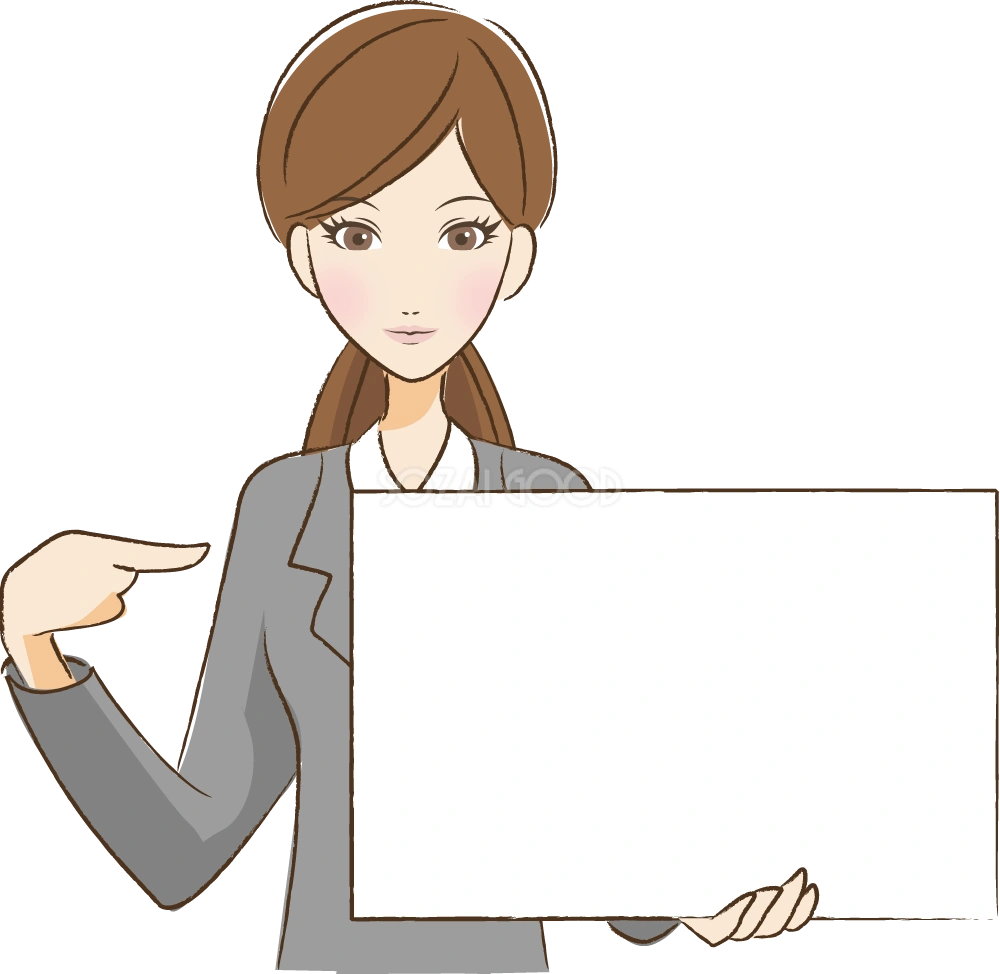 余白の案内板を指差す女性 無料イラスト