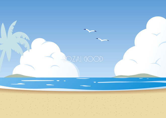 おしゃれかわいい夏の積乱雲 入道雲 海辺砂浜の無料フリー背景イラスト 素材good
